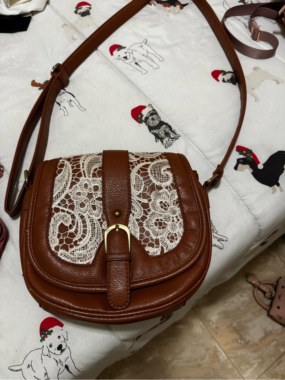 Brown Lace-Accent Crossbody Bag